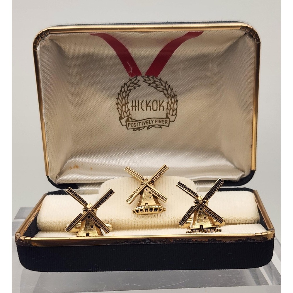 Vintage Hickok Gold Tone Dutch Windmill Cufflinks Tie Tack Set (Made in USA)